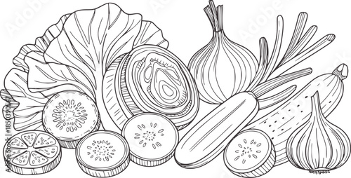 Detailed black and white line of assorted fresh vegetables and canned fish