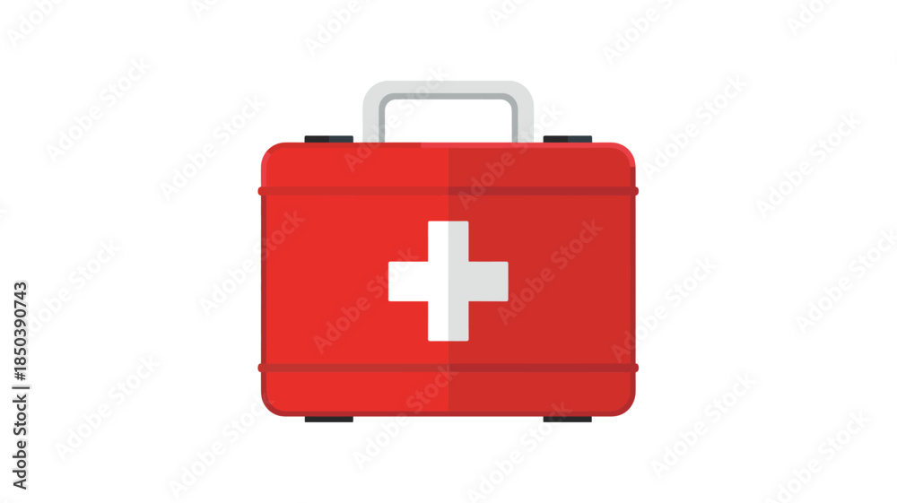 Obraz premium Red First Aid Kit with White Cross in Simple Flat Design on White Background for Medical Emergency