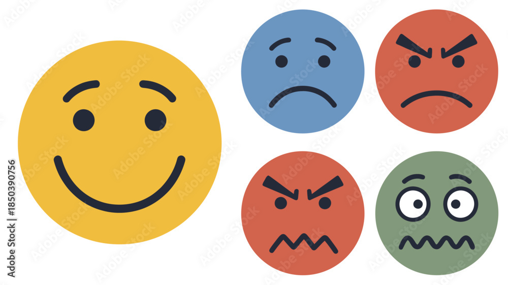 Fototapeta premium Emotions Facial Expressions Smiley Faces Colorful Flat Design Mental Health Awareness