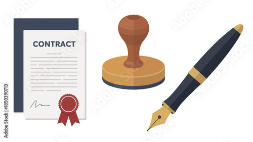 Contract Document with Stamp and Fountain Pen in Formal Illustration Style with Bright White Lighting on Flat Vector Texture for Business Agreement