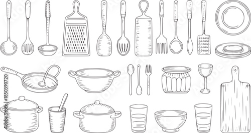 Hand drawn black and white kitchen utensils and cookware collection