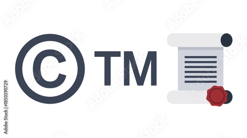 Trademark and symbol with document and red wax seal in simple flat design with dark blue color on white background for intellectual property