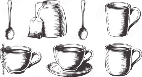 Hand drawn black and white tea set with cups spoons and teapot