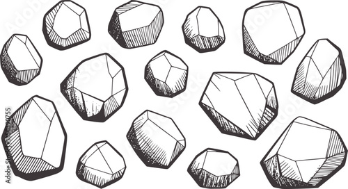 Hand drawn monochrome geometric dodecahedron crystals collection