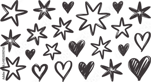 Hand drawn black stars and hearts in various doodle styles