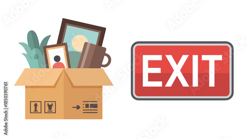 Cardboard Box with Personal Belongings and Exit Sign in Simple Flat Design with Bright Lighting for Relocation