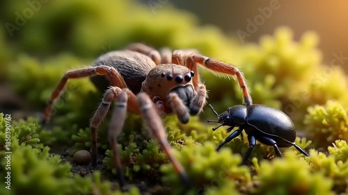 Intricate macro close-up of a fascinating jumping spider observing a small beetle on vibrant green moss