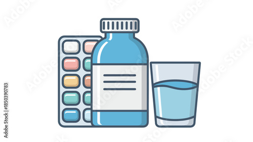 Medicine Bottle with Pills and Glass of Water in Simple Flat Design with Blue Color Scheme for Healthcare