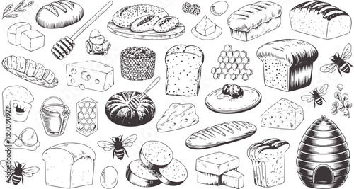 Monochrome hand drawn bakery and beekeeping collection