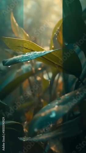 Close-up of lush green leaves with water droplets in soft natural light.