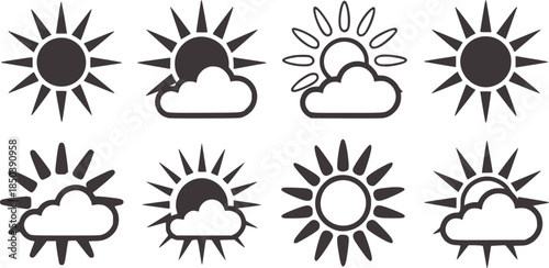 Nine black and white line sun and cloud weather set
