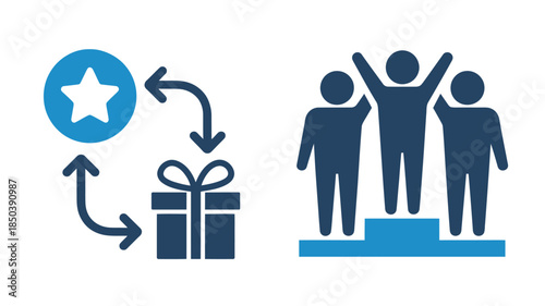 Reward and Recognition Icons with Celebratory Figures in Simple Flat Design with Blue Color Scheme on White Background for Corporate Branding