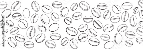 Scattered black and white outline coffee beans