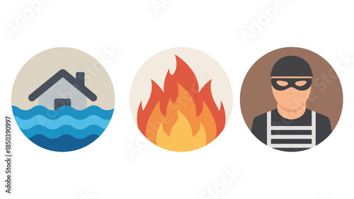 Natural Disasters and Thief Icons in Flat Design with Simple Shapes and Bright Colors for Web Graphics