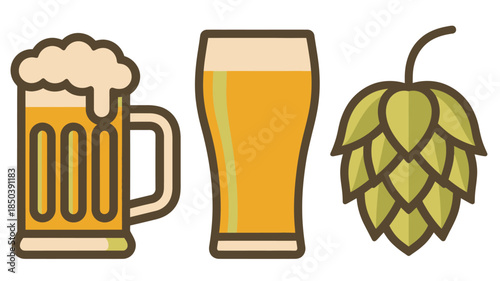 Beer Glass and Hop Illustration in Simple Flat Design with Bright Golden Color and Clean White Background for Craft Brewery Advertising
