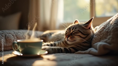 Contented tabby cat basking in golden morning sunlight next to a comforting hot coffee