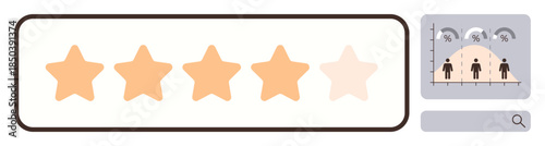 Five-star rating system with highlighted stars, demographics chart, analytics icons, and magnifying glass. Ideal for feedback, evaluation, performance analysis, surveys, customer satisfaction