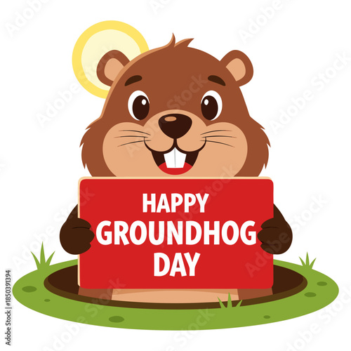Groundhog popping out of the ground holding Happy Groundhog Day sign, transparent background, isolated, vector