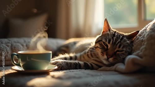 Cozy Morning Scene with Cat and Steaming Coffee Cup.