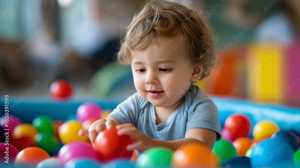 Fototapeta premium Baby boy playing with colorful balls in ball pit at play center, child entertainment and recreation, defocused playroom background, joyful activity, with copy space