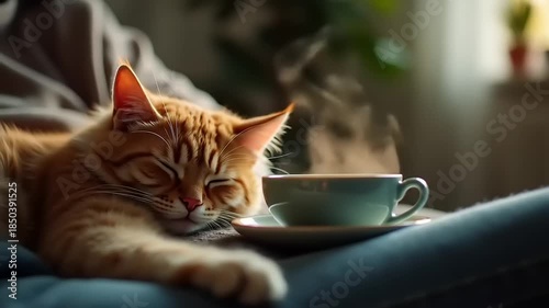 Cozy Orange Cat Napping Beside Steaming Cup of Coffee.