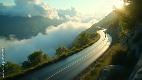 Cyclist riding on a winding mountain road above the clouds at sunrise.