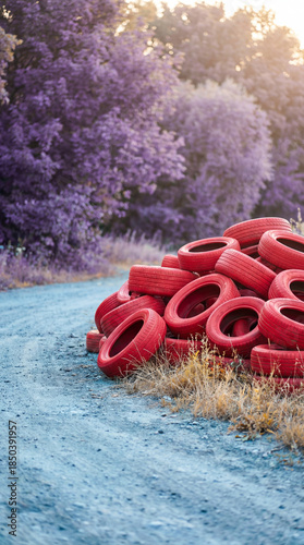 Piles of red tires on a gravel road near purple trees at sunset