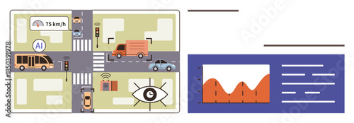 AI-powered vehicles at intersections, traffic lights, data sensors, and analytic dashboard. Ideal for transportation, urban management, AI technology, innovation, traffic safety smart cities data