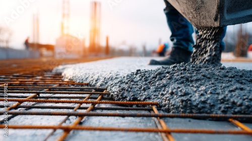 Cement pouring on rebar at construction site during sunset