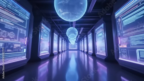 Futuristic Hallway with Glowing Spheres and Digital Displays.
