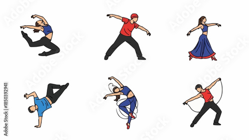 Dancing figures in various styles and movements on white background  