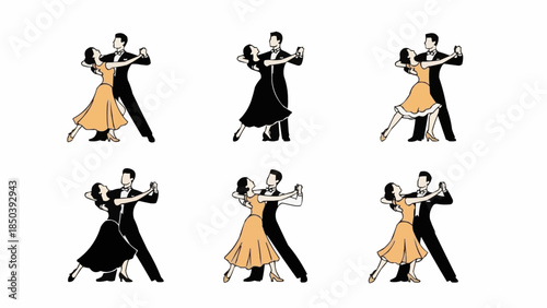 Ballroom dance couples dancing tango in various poses on white background  