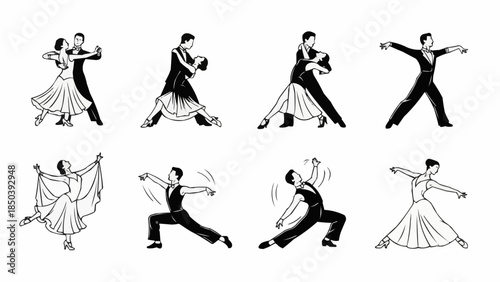 Ballroom dance couples performing various styles in monochrome illustrations  