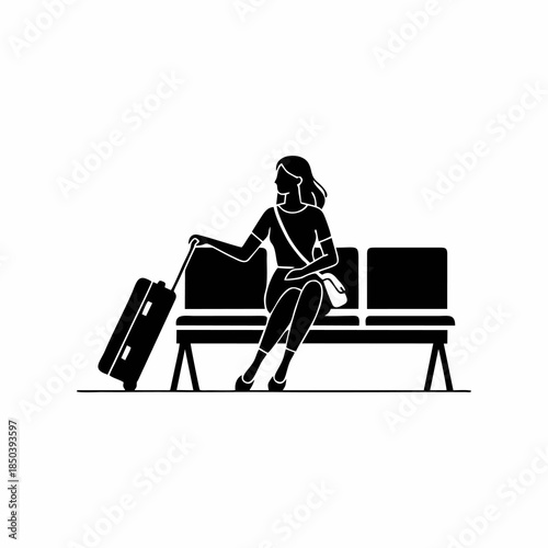 vector silhouette of a woman with a suitcase in an airport waiting area