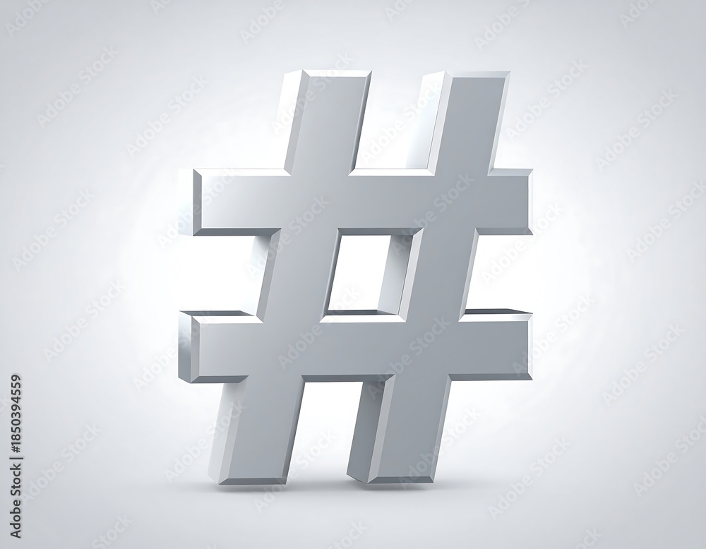 Obraz premium Metallic hashtag symbol. Angular, 3D, reflective surface. Isolated on light gray background, with faint drop shadow