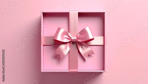 Pink box with ribbon & bow on pink background, soft light casting shadow