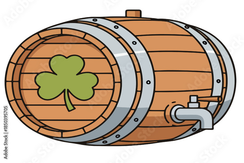 Wooden barrel with a lucky green shamrock emblem, perfect for Saint Patrick's Day celebrations or traditional Irish beverage events, presented as a clear vector illustration