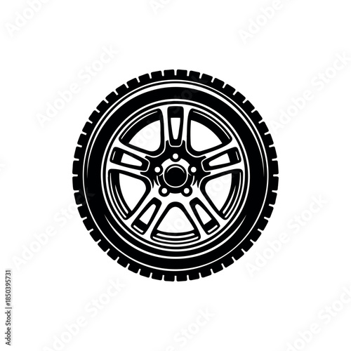 Detailed vector illustration of a car alloy wheel and tire, suitable for automotive branding, motorsport, and mechanical design use.