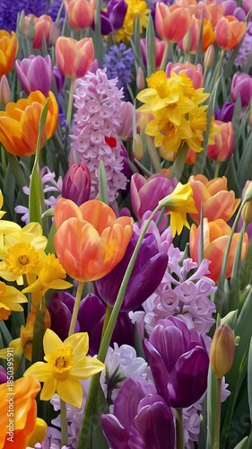 Bunte Tulpen, Narzissen und Hyazinthen im Frühlingsgarten