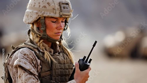 Female Soldier in Uniform Stands Strong in Desert Setting Generative AI