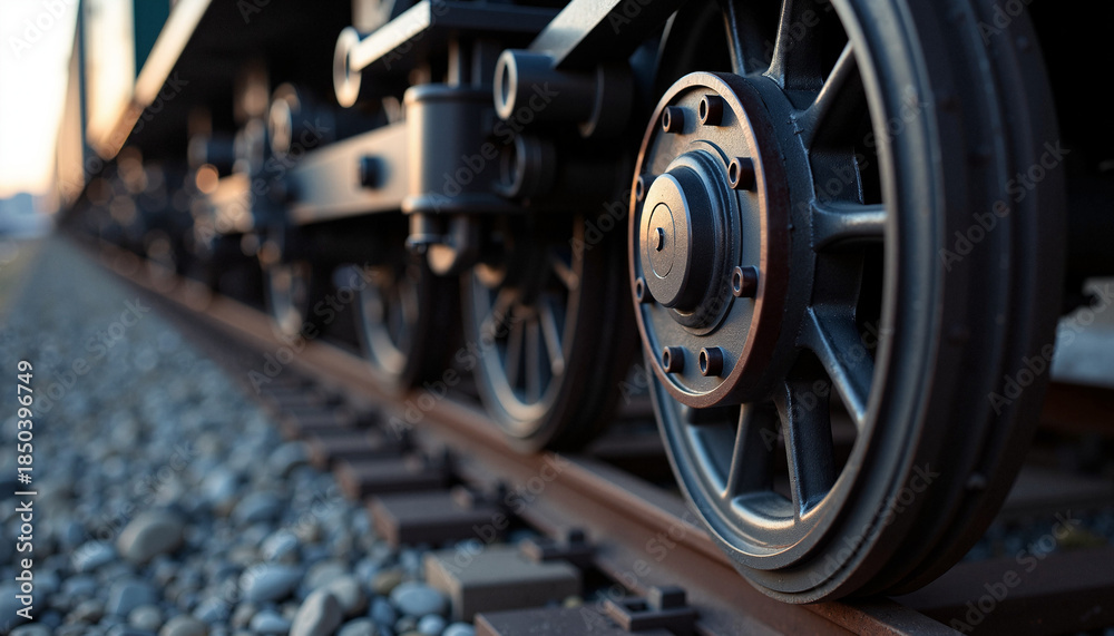 Fototapeta premium Close-up of heavy metal train wheels on a railway track at sunset. Industrial freight locomotive detail with selective focus. Transportation and logistics concept