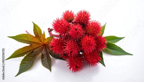 Group of spiky red castor beans with vibrant green leaves against a clean white backdrop, top view