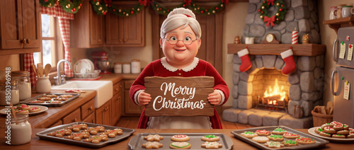 Mrs. Claus holds a sign in a cozy kitchen during the holidays