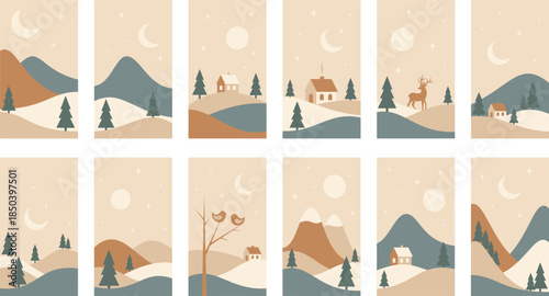 Minimalistic winter mountains landscape set for Christmas design. Vector illustrations in warm colors