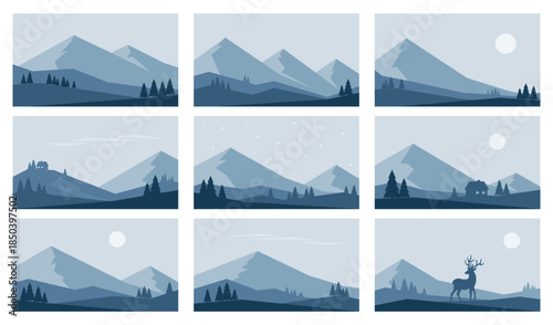 Minimalistic winter mountains landscapes collection. Vector illustrations in blue colors