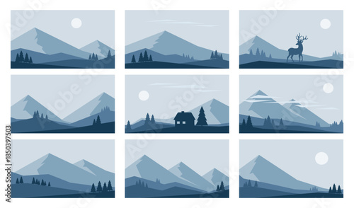 Minimalistic winter mountains landscapes illustrations. Vector images in blue colors