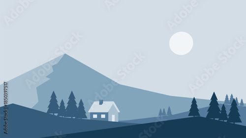 Minimalistic winter landscape with house under the mountain in Scandinavian style. Vector illustration in blue colors