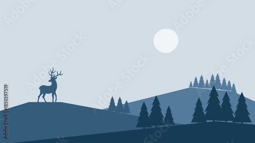 Minimalistic winter landscape with deer on the hill in Scandinavian style. Vector illustration in blue colors