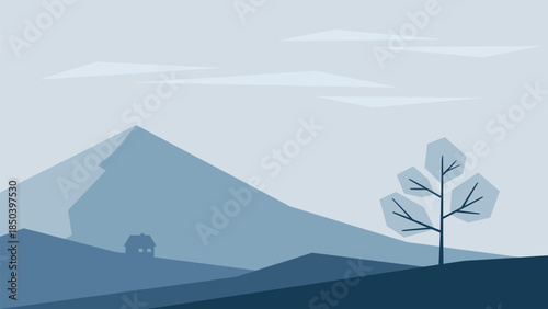 Minimalistic winter landscape with tree and mountain in Scandinavian style. Vector illustration in blue colors