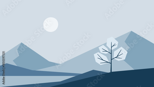 Minimalistic winter landscape with tree, river and mountains in Scandinavian style. Vector illustration in blue colors